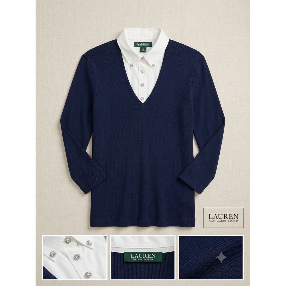 Lauren Ralph Lauren Petite Navy Ribbed Layered Look Sweater White Collar P/L